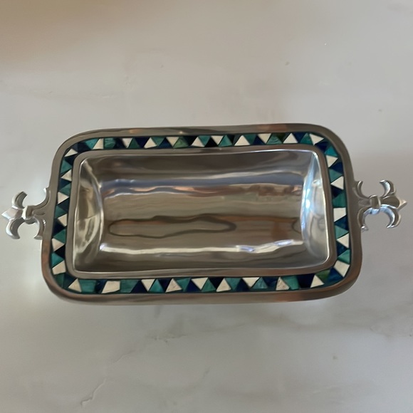 Pewter Fleur-De-Lie Serving Dish with navy blue, turquoise & cream trim - Picture 3 of 9